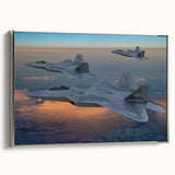 Vintage poster art of a silver airplane on a black background, framed canvas, ideal for living room decor.