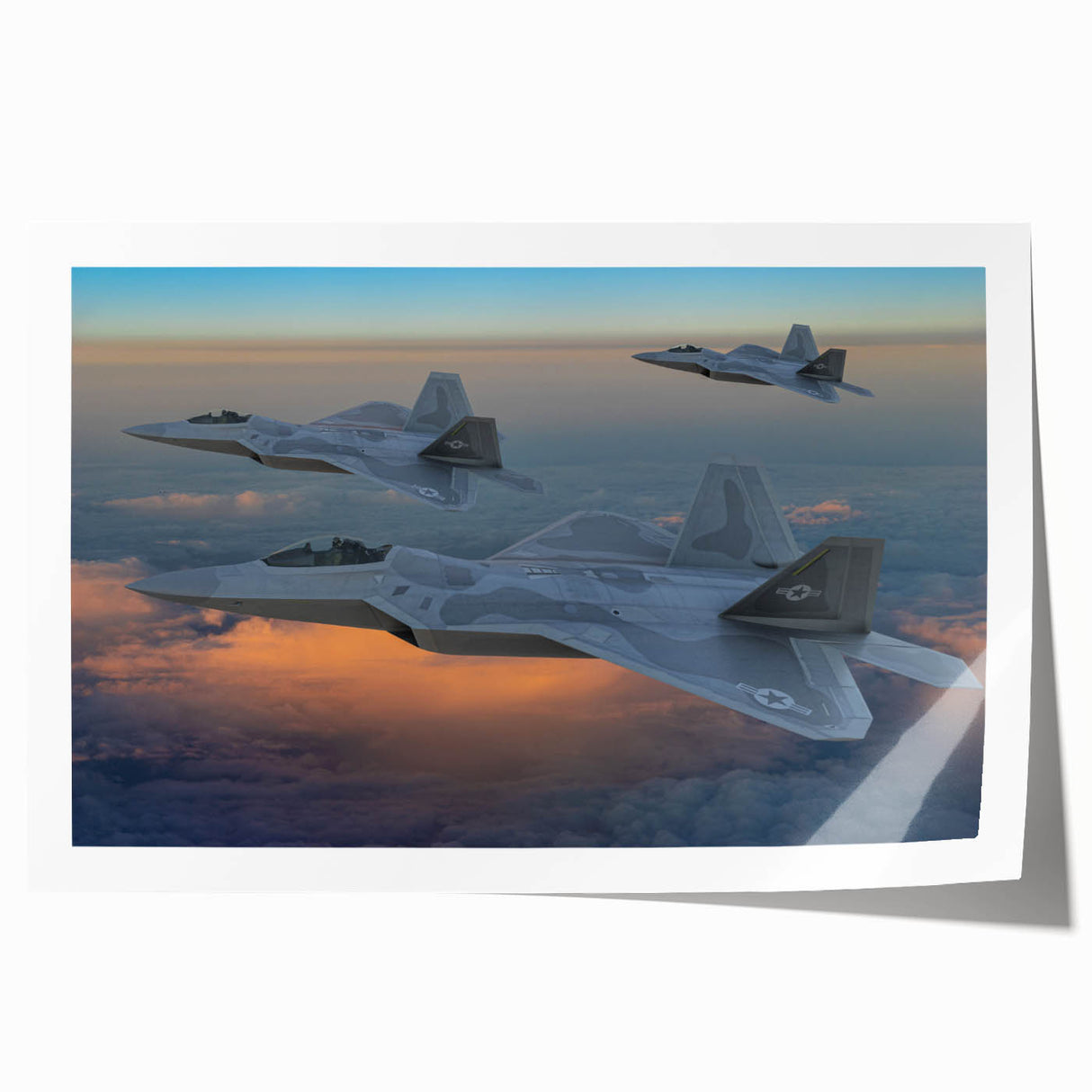 Art deco poster featuring a stylized airplane, in muted blue and gray tones on a rolled print.