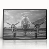 Framed acrylic print of a mid-century modernist abstract airplane, in monochrome shades, ideal for dining room art.