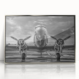 Mid-century modernist style airplane depicted in muted gray tones on a large framed acrylic print.