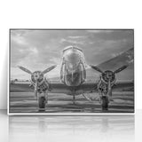 Mid-century modernist art depicting airplanes in bold primary colors on a white acrylic framed poster.