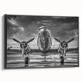 Black and white vintage airplane poster on framed canvas, ideal for bedroom wall decor.