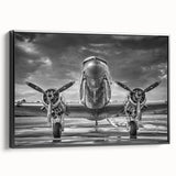 Black and white vintage airplane poster on framed canvas, ideal for bedroom wall decor.