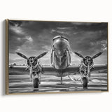 Vintage poster art of a gold airplane on a black background, framed canvas, ideal for living room decor.