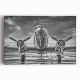 Black and white photograph of an airplane on stretched canvas, ideal for kitchen wall art.