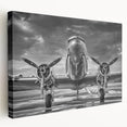 Side view of a commercial airplane depicted in muted gray tones on a stretched canvas, suitable for kitchen wall art.