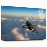 Side view of an airplane depicted in large abstract wall art on acrylic glass, featuring neutral and metallic tones.