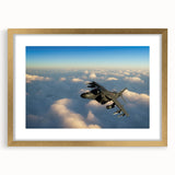 Abstract art print of an airplane in gold and blue tones on a framed canvas, suitable for dining room or bedroom.