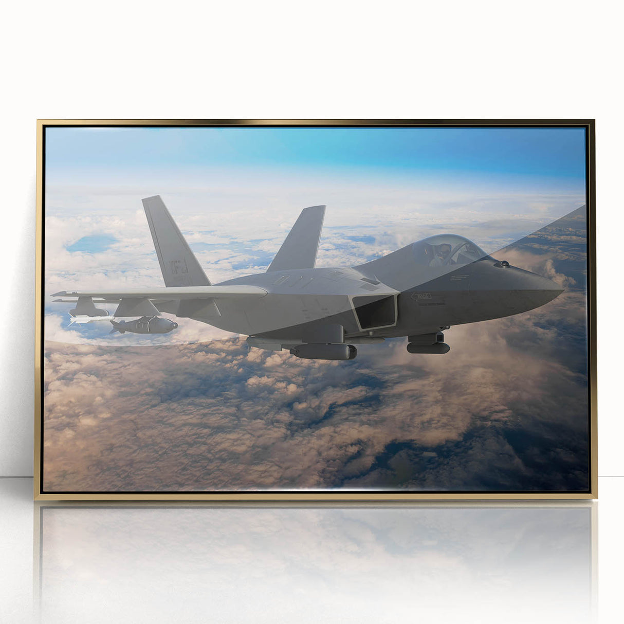 Large abstract wall art depicting mid-century modernist airplanes in gold and black tones, framed acrylic.