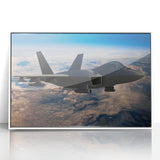 Mid-century modernist art featuring a simplistic airplane design in muted gray on white acrylic.