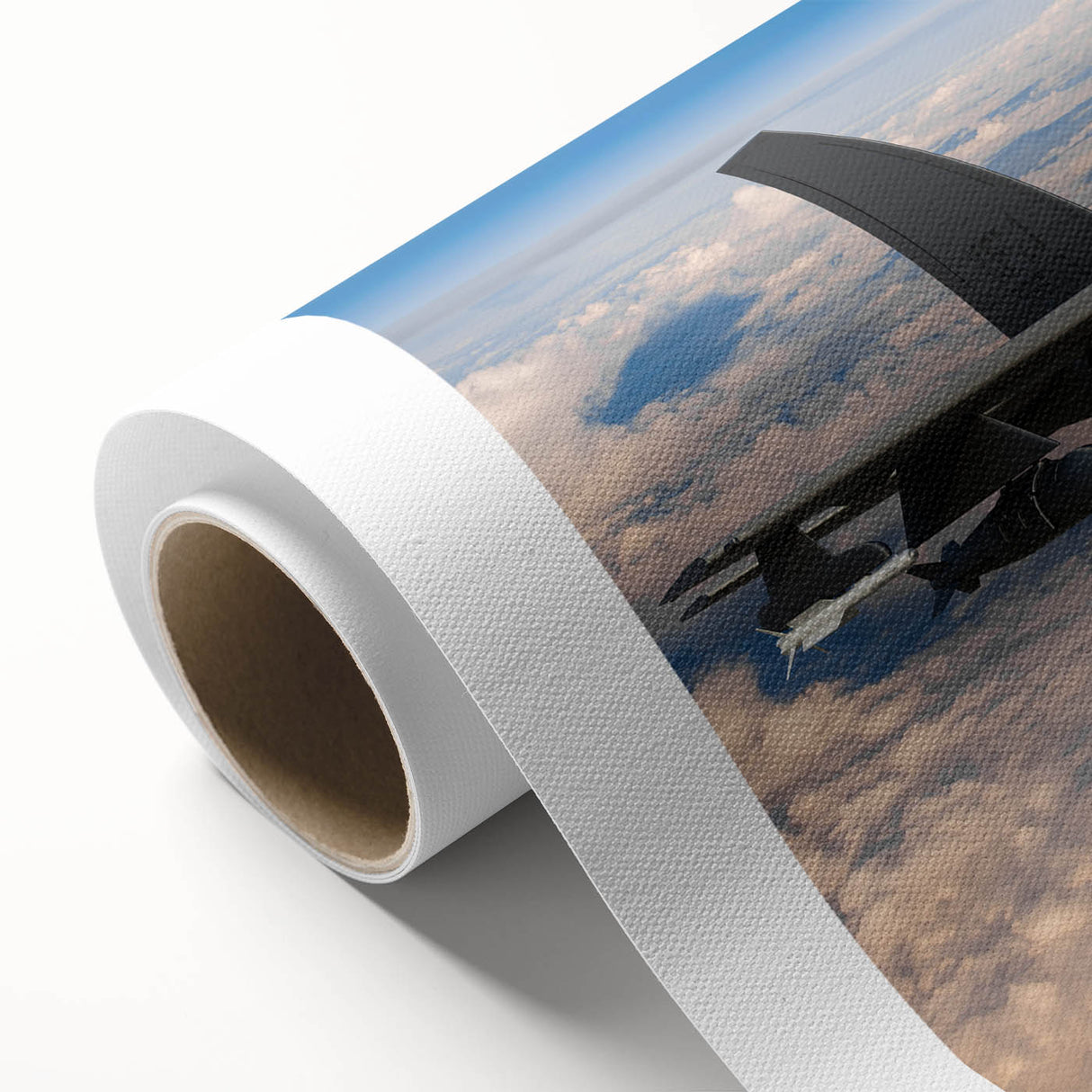 Art Deco style airplane illustration in muted gray and blue tones on rolled canvas, suitable for nursery wall art.