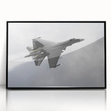 Framed acrylic print of a mid-century modernist abstract airplane, featuring cool gray and white tones.