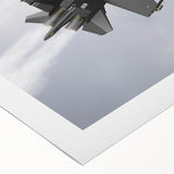 Art deco poster of an airplane in flight, featuring bold geometric shapes and a palette of blue and silver, on rolled canvas.