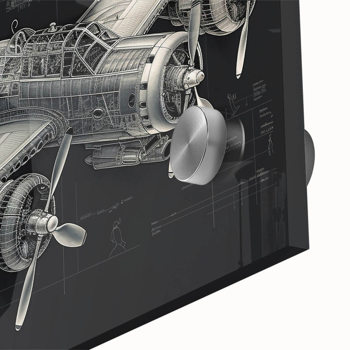 Large abstract wall art of airplanes in motion on acrylic glass, using blue and gray tones.