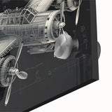 Large abstract wall art of airplanes in motion on acrylic glass, using blue and gray tones.