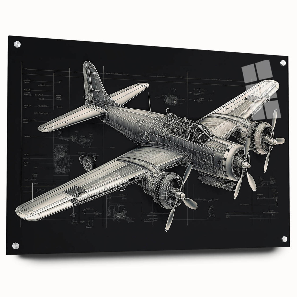 Side view of an airplane depicted in large abstract wall art on acrylic glass, featuring cool gray and metallic hues.