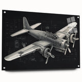 Side view of an airplane depicted in large abstract wall art on acrylic glass, featuring cool gray and metallic hues.