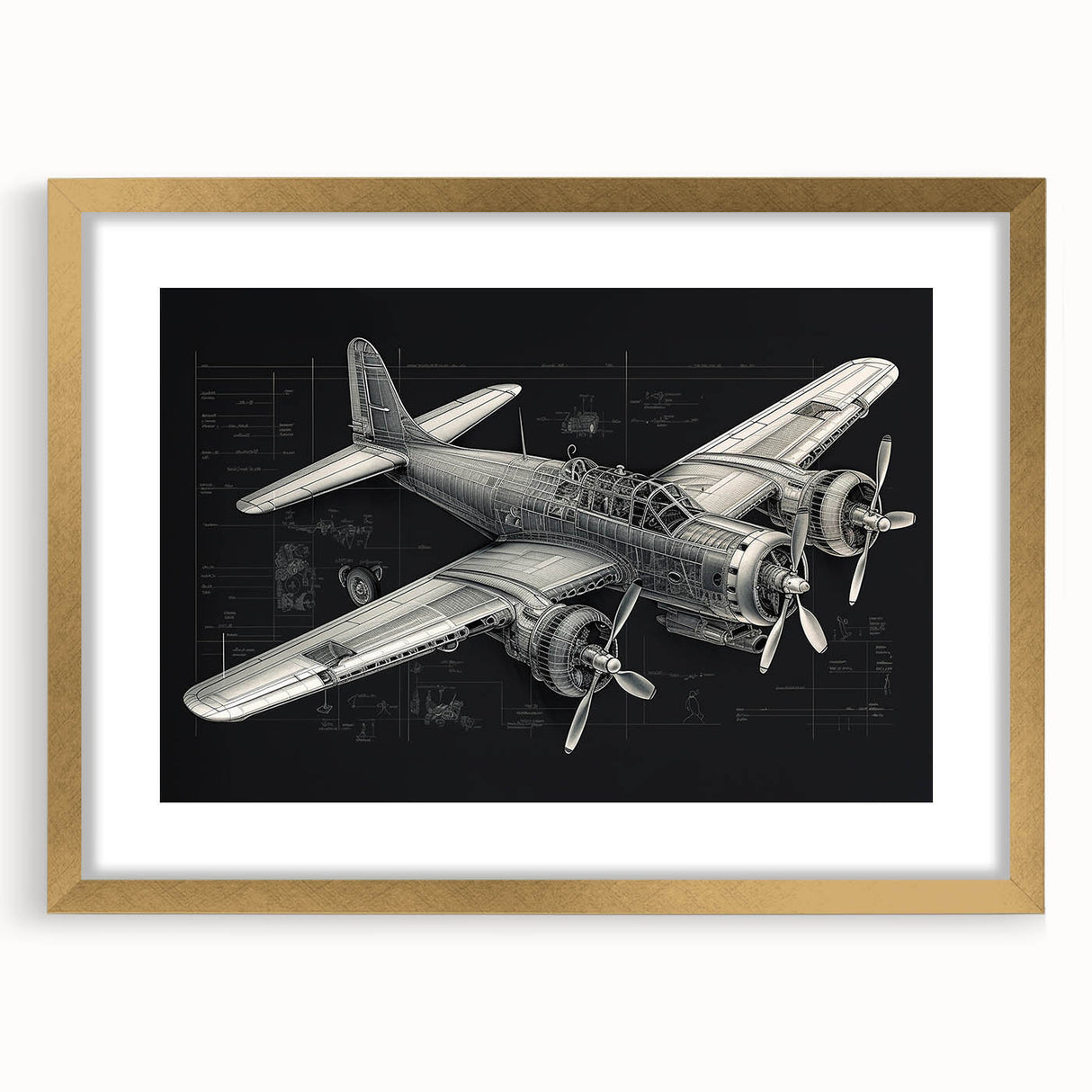 Abstract airplane design in textured art style with gold frame, featuring muted earth tones, suitable for bedroom art.