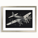 Abstract art print of an airplane in muted gray and blue tones on a framed canvas, suitable for dining room decor.