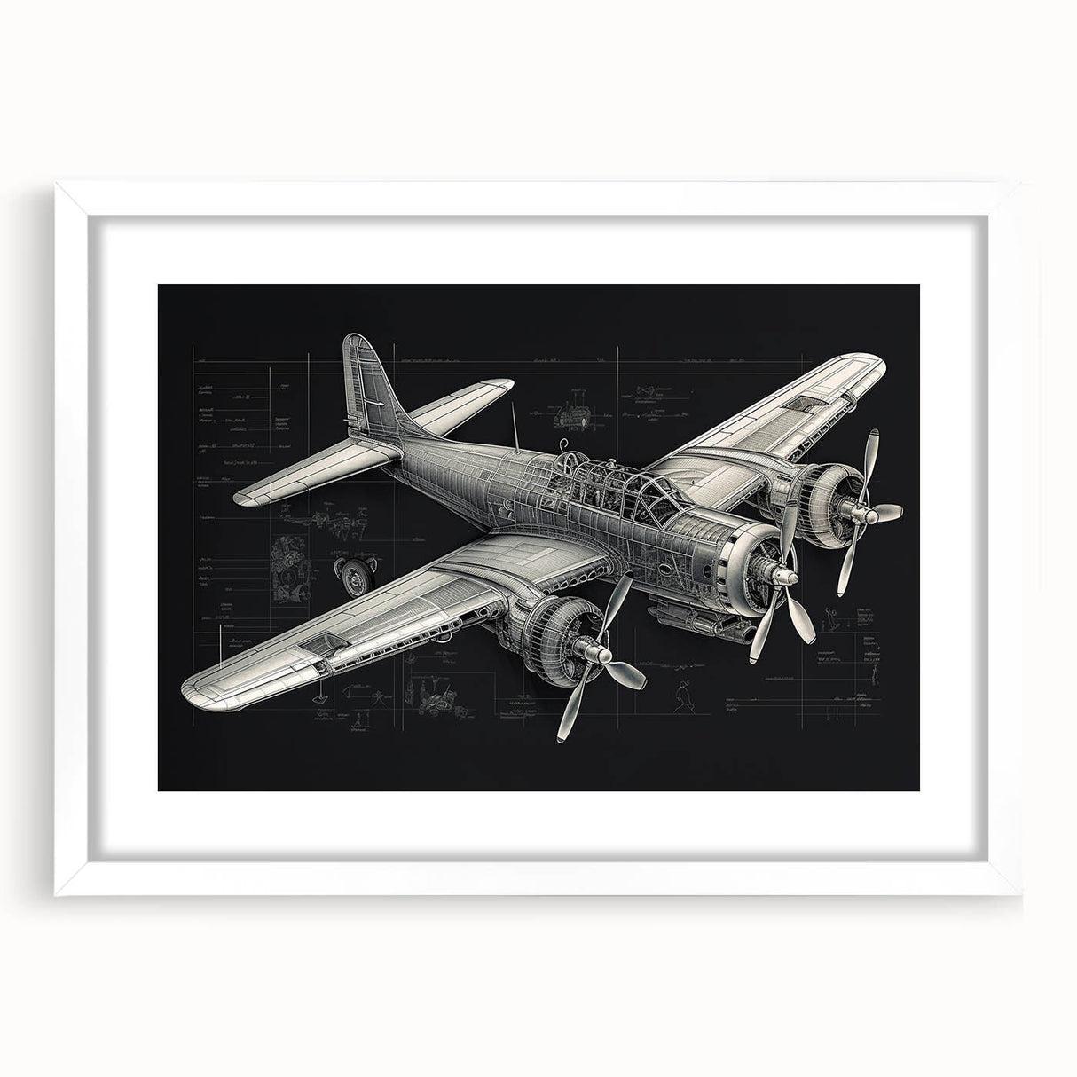 Extra large abstract art print of an airplane, in muted gray and blue tones, framed with a white mat.