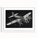 Extra large abstract art print of an airplane, in muted gray and blue tones, framed with a white mat.
