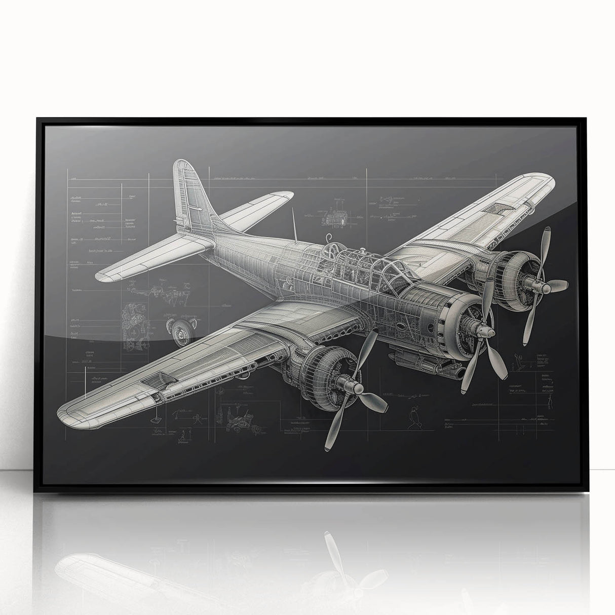 Large abstract airplane design in black and white on framed acrylic, suitable as mid-century modernist dining room art.