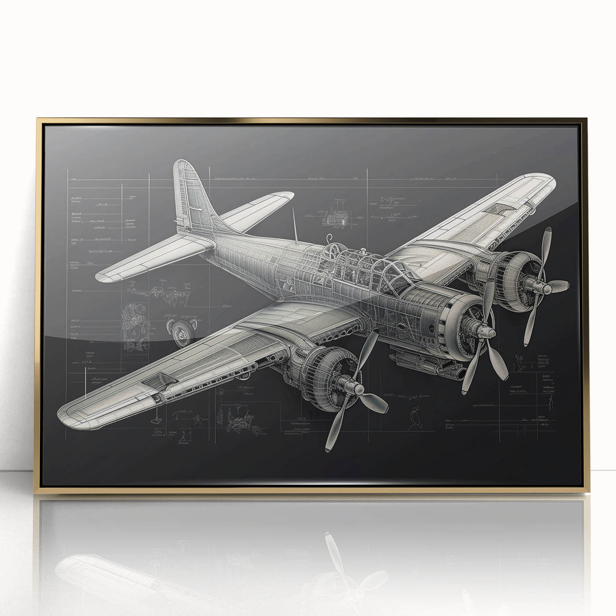 Mid-century modernist art featuring a gold airplane on a muted blue background, framed acrylic, ideal for nursery wall decor.