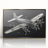 Mid-century modernist art featuring a gold airplane on a muted blue background, framed acrylic, ideal for nursery wall decor.