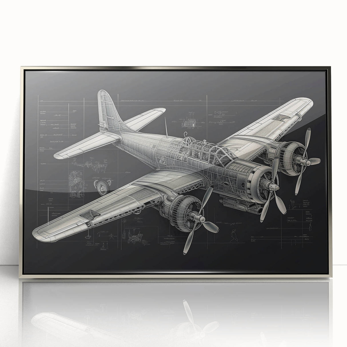 Large abstract wall art featuring a mid-century modernist airplane design in silver and gray tones on a framed acrylic panel.