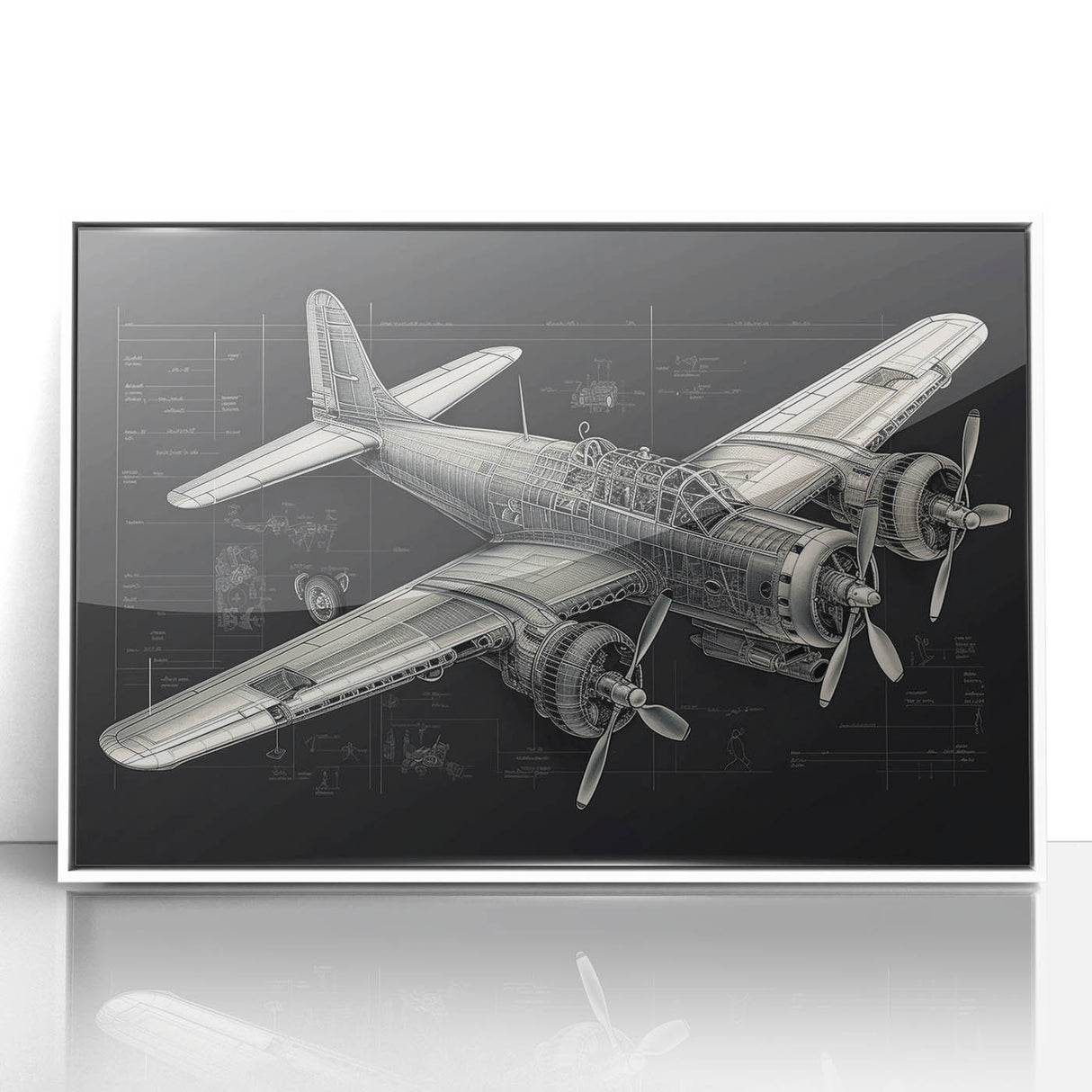Mid-century modernist style airplane in muted blue and gray tones on a white acrylic framed print.