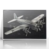 Mid-century modernist style airplane in muted blue and gray tones on a white acrylic framed print.