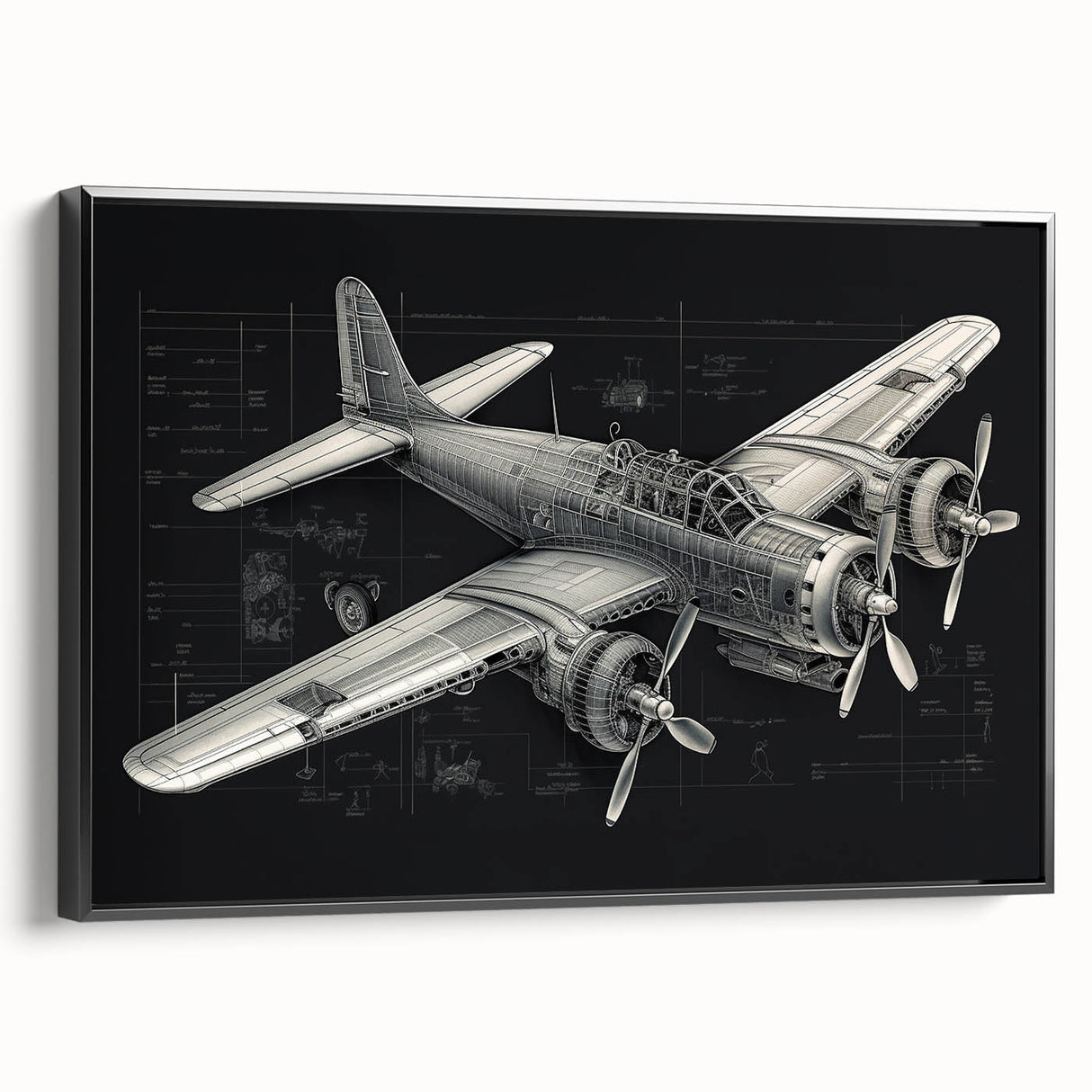 Vintage poster-style wall art of a black airplane side view on a framed canvas, ideal for bedroom decor.