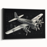 Vintage poster-style wall art of a black airplane side view on a framed canvas, ideal for bedroom decor.
