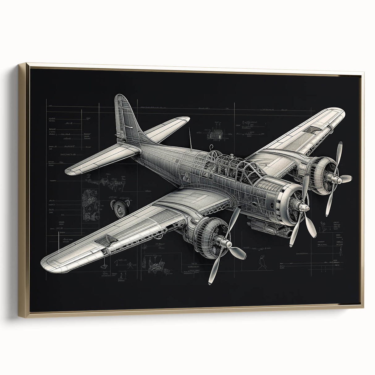 Framed canvas featuring a gold side view of a vintage airplane against a black background, ideal for an office or study.