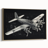 Framed canvas featuring a gold side view of a vintage airplane against a black background, ideal for an office or study.