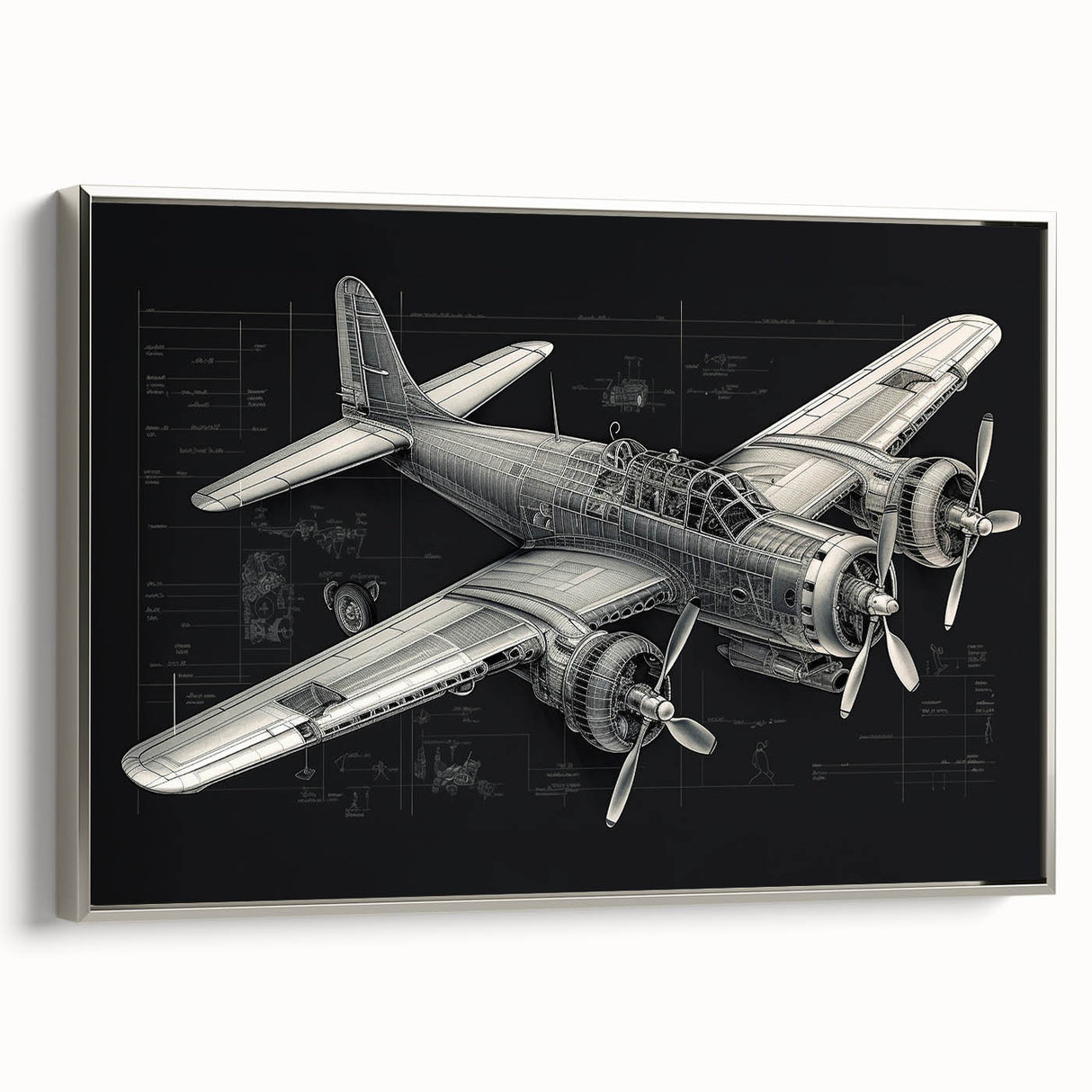 Vintage poster art of a silver airplane on a black background, in a silver frame, ideal for living room decor.