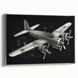 Vintage poster art of a silver airplane on a black background, in a silver frame, ideal for living room decor.