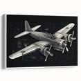 Black and white vintage airplane poster art on framed canvas, suitable for bedroom decor.