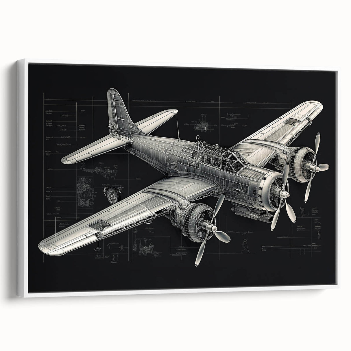 Black and white vintage airplane poster art on framed canvas, suitable for bedroom decor.