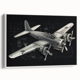 Black and white vintage airplane poster art on framed canvas, suitable for bedroom decor.
