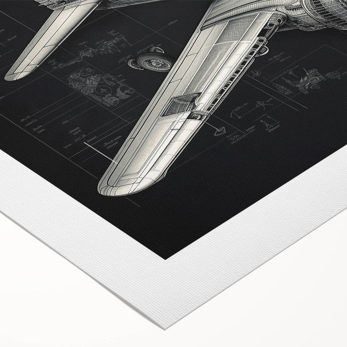 Art deco poster of a vintage airplane in muted metallic colors on rolled canvas.