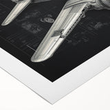 Art deco poster of a vintage airplane in muted metallic colors on rolled canvas.