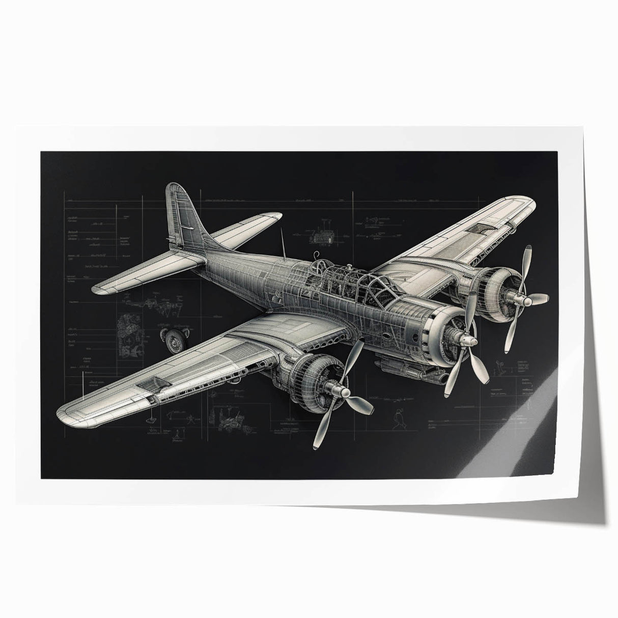 Art deco poster featuring a vintage airplane in muted silver and blue tones on rolled print.