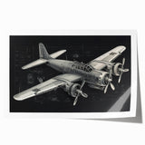Art deco poster featuring a vintage airplane in muted silver and blue tones on rolled print.
