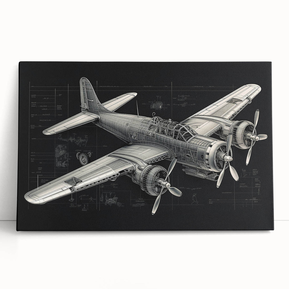 Black and white photo of a vintage airplane on stretched canvas, ideal for kitchen wall art.