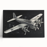 Black and white photo of a vintage airplane on stretched canvas, ideal for kitchen wall art.