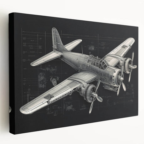 Large art depicting a side view of a vintage airplane on stretched canvas, featuring muted gray tones.