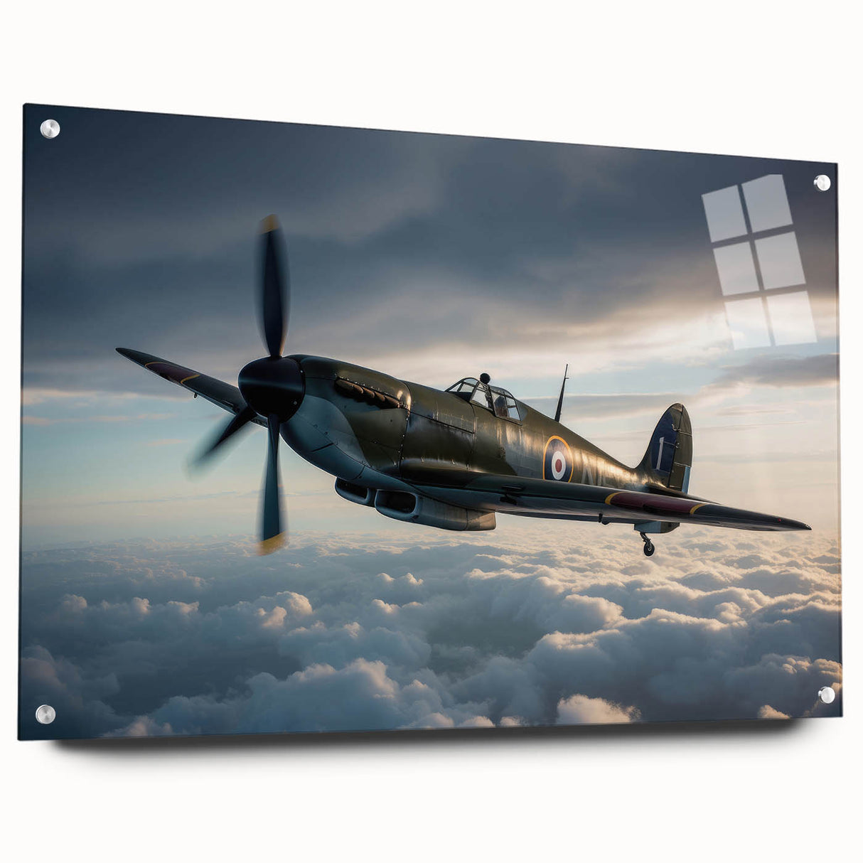 Side view of an airplane rendered in large abstract style on acrylic glass, featuring neutral and metallic tones.
