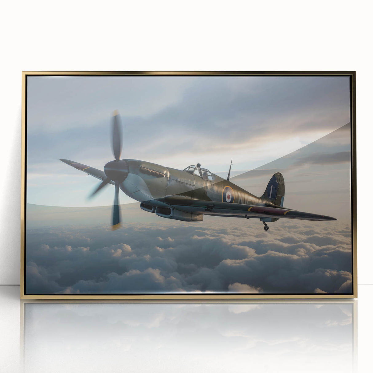 Mid-century modernist airplane illustration in muted gray and blue tones, acrylic print framed in gold.