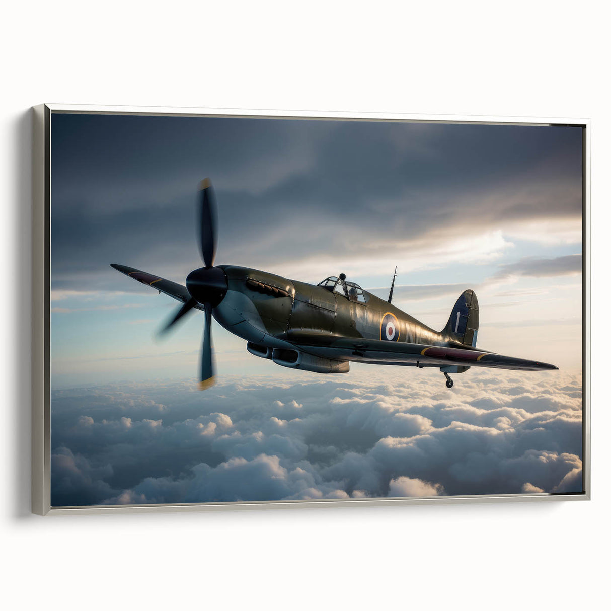Vintage poster art of a silver airplane on a black background, framed canvas, ideal for living room decor.